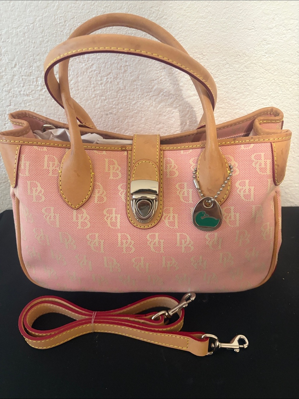 Dooney & Bourke Pink Logo Canvas Satchel with Tan Leather Trim